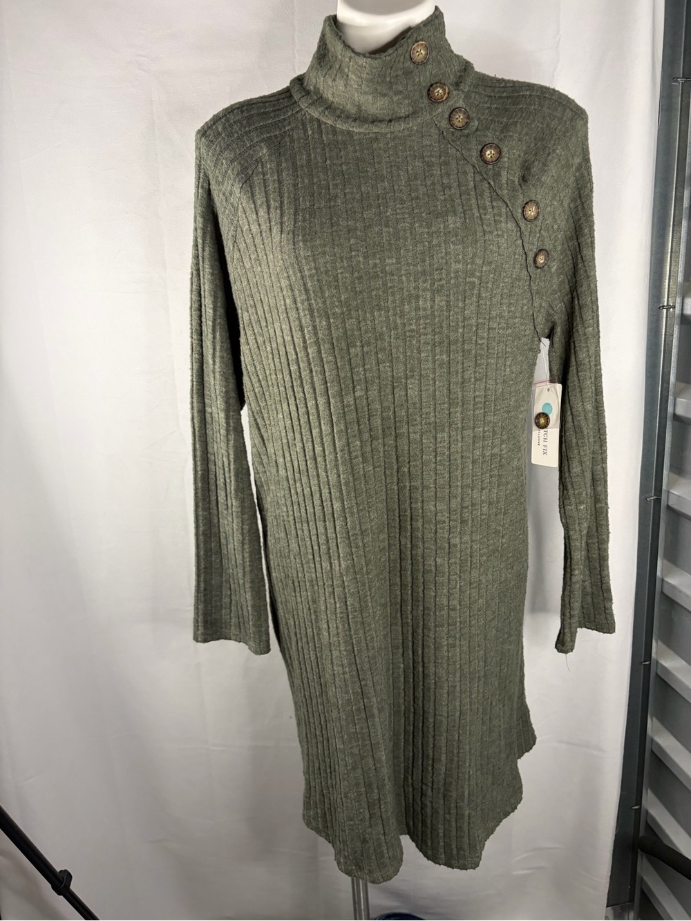 nine britton Olive Ribbed Button-Shoulder Knit Dress
